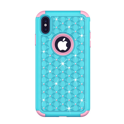 Funda Bumper Silicona y Plastico Carcasa Frontal y Trasera 360 Grados Bling-Bling para Apple iPhone Xs Azul