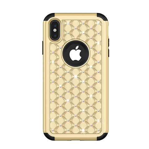 Funda Bumper Silicona y Plastico Carcasa Frontal y Trasera 360 Grados Bling-Bling para Apple iPhone Xs Max Oro y Negro