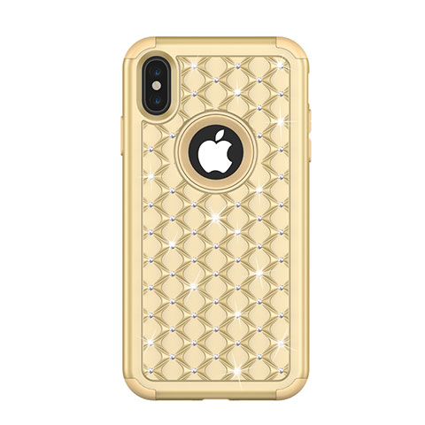 Funda Bumper Silicona y Plastico Carcasa Frontal y Trasera 360 Grados Bling-Bling para Apple iPhone Xs Oro