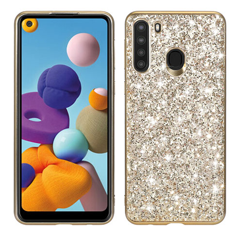 Funda Bumper Silicona y Plastico Carcasa Frontal y Trasera 360 Grados Bling-Bling para Samsung Galaxy A21 Oro