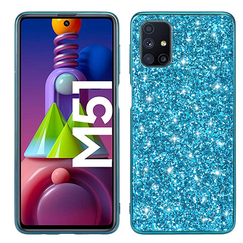 Funda Bumper Silicona y Plastico Carcasa Frontal y Trasera 360 Grados Bling-Bling para Samsung Galaxy M51 Azul Cielo