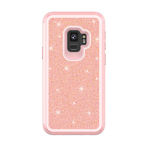 Funda Bumper Silicona y Plastico Carcasa Frontal y Trasera 360 Grados Bling-Bling para Samsung Galaxy S9 Oro Rosa