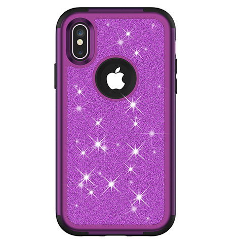 Funda Bumper Silicona y Plastico Carcasa Frontal y Trasera 360 Grados Bling-Bling U01 para Apple iPhone X Morado