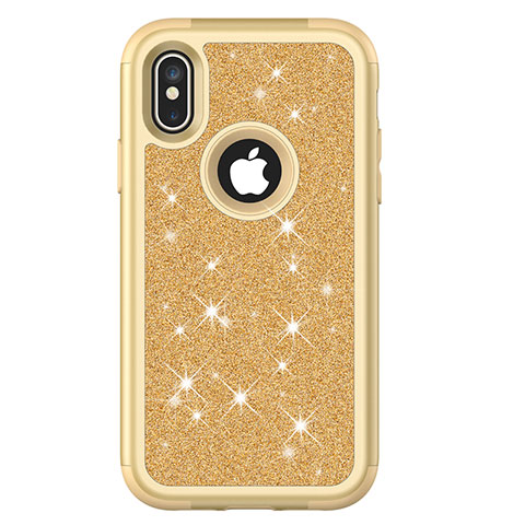 Funda Bumper Silicona y Plastico Carcasa Frontal y Trasera 360 Grados Bling-Bling U01 para Apple iPhone Xs Max Oro