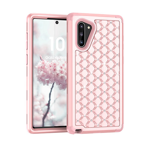 Funda Bumper Silicona y Plastico Carcasa Frontal y Trasera 360 Grados Bling-Bling U01 para Samsung Galaxy Note 10 Oro Rosa