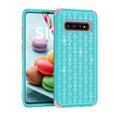 Funda Bumper Silicona y Plastico Carcasa Frontal y Trasera 360 Grados Bling-Bling U01 para Samsung Galaxy S10 5G Cian