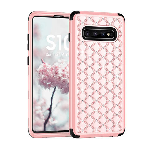 Funda Bumper Silicona y Plastico Carcasa Frontal y Trasera 360 Grados Bling-Bling U01 para Samsung Galaxy S10 Rosa