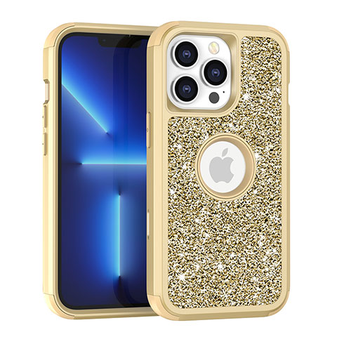 Funda Bumper Silicona y Plastico Carcasa Frontal y Trasera 360 Grados Bling-Bling YJ1 para Apple iPhone 13 Pro Max Oro