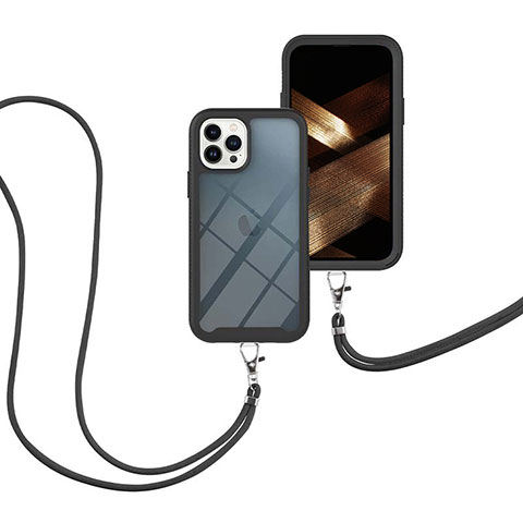 Funda Bumper Silicona y Plastico Carcasa Frontal y Trasera 360 Grados con Acollador Cordon Lanyard para Apple iPhone 13 Pro Negro