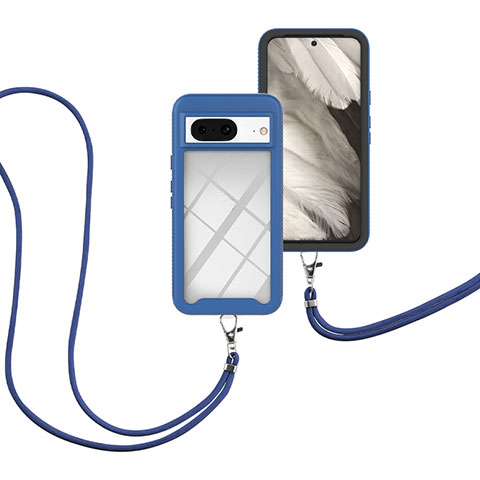 Funda Bumper Silicona y Plastico Carcasa Frontal y Trasera 360 Grados con Acollador Cordon Lanyard para Google Pixel 8 5G Azul