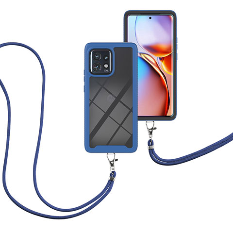 Funda Bumper Silicona y Plastico Carcasa Frontal y Trasera 360 Grados con Acollador Cordon Lanyard para Motorola Moto Edge Plus (2023) 5G Azul