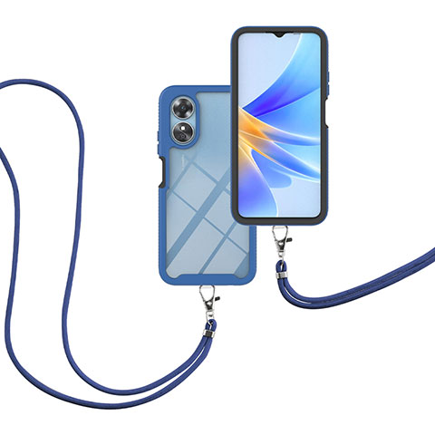 Funda Bumper Silicona y Plastico Carcasa Frontal y Trasera 360 Grados con Acollador Cordon Lanyard para Oppo A17 Azul