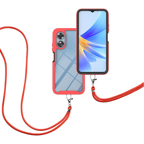 Funda Bumper Silicona y Plastico Carcasa Frontal y Trasera 360 Grados con Acollador Cordon Lanyard para Oppo A17 Rojo