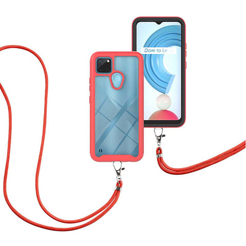 Funda Bumper Silicona y Plastico Carcasa Frontal y Trasera 360 Grados con Acollador Cordon Lanyard para Realme C21Y Rojo