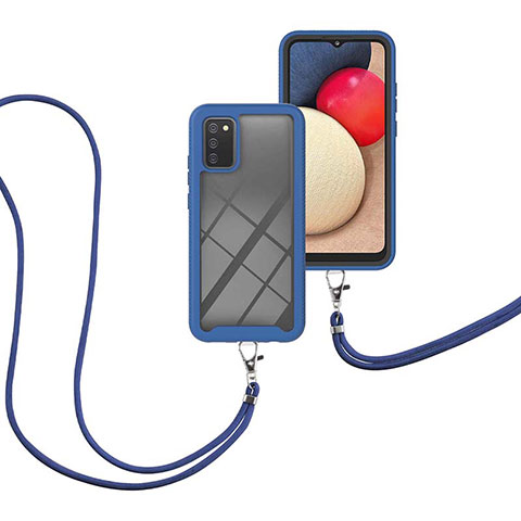 Funda Bumper Silicona y Plastico Carcasa Frontal y Trasera 360 Grados con Acollador Cordon Lanyard para Samsung Galaxy A02s Azul