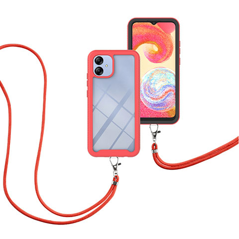 Funda Bumper Silicona y Plastico Carcasa Frontal y Trasera 360 Grados con Acollador Cordon Lanyard para Samsung Galaxy A04 4G Rojo