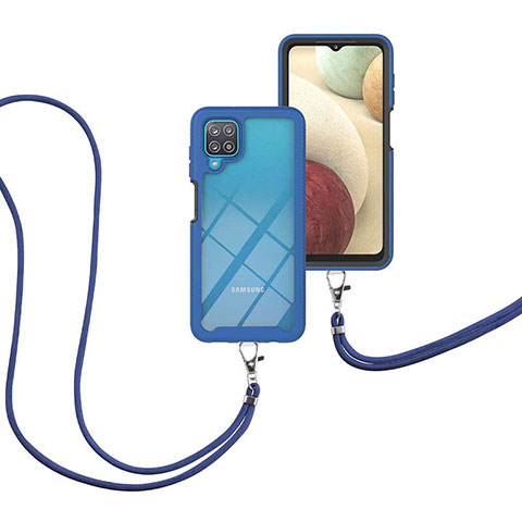 Funda Bumper Silicona y Plastico Carcasa Frontal y Trasera 360 Grados con Acollador Cordon Lanyard para Samsung Galaxy A12 5G Azul