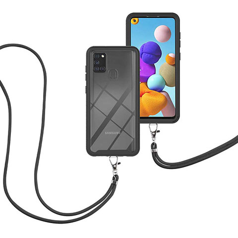 Funda Bumper Silicona y Plastico Carcasa Frontal y Trasera 360 Grados con Acollador Cordon Lanyard para Samsung Galaxy A21s Negro