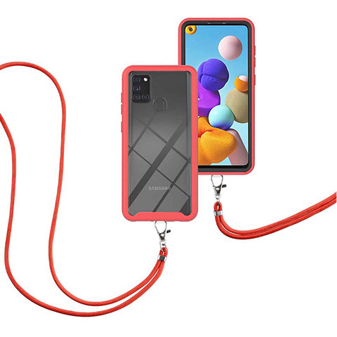 Funda Bumper Silicona y Plastico Carcasa Frontal y Trasera 360 Grados con Acollador Cordon Lanyard para Samsung Galaxy A21s Rojo