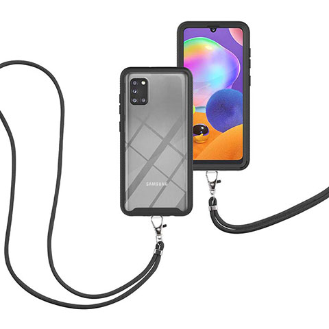 Funda Bumper Silicona y Plastico Carcasa Frontal y Trasera 360 Grados con Acollador Cordon Lanyard para Samsung Galaxy A31 Negro