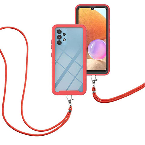 Funda Bumper Silicona y Plastico Carcasa Frontal y Trasera 360 Grados con Acollador Cordon Lanyard para Samsung Galaxy A32 4G Rojo