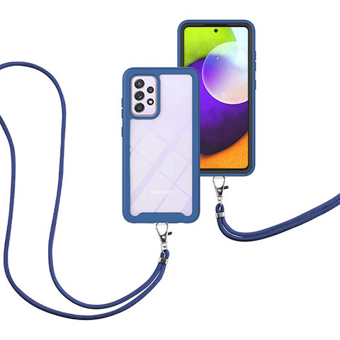 Funda Bumper Silicona y Plastico Carcasa Frontal y Trasera 360 Grados con Acollador Cordon Lanyard para Samsung Galaxy A52 4G Azul