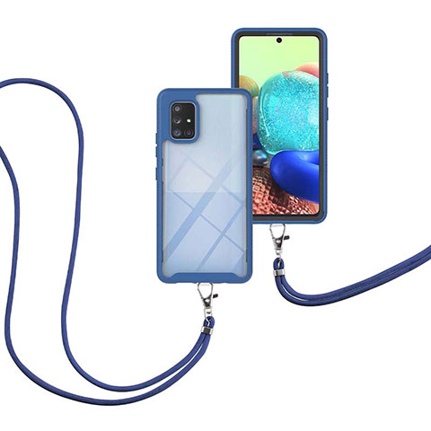 Funda Bumper Silicona y Plastico Carcasa Frontal y Trasera 360 Grados con Acollador Cordon Lanyard para Samsung Galaxy A71 4G A715 Azul