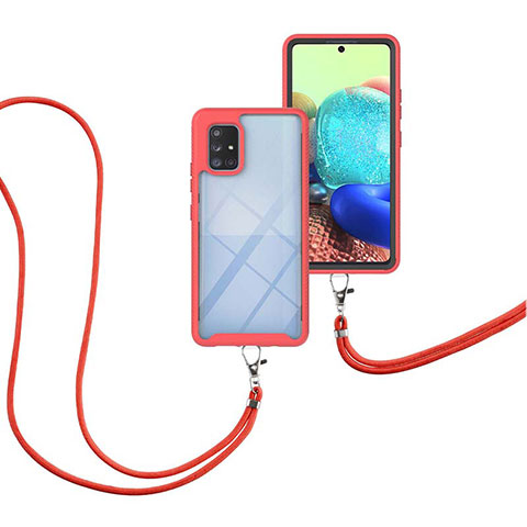 Funda Bumper Silicona y Plastico Carcasa Frontal y Trasera 360 Grados con Acollador Cordon Lanyard para Samsung Galaxy A71 5G Rojo