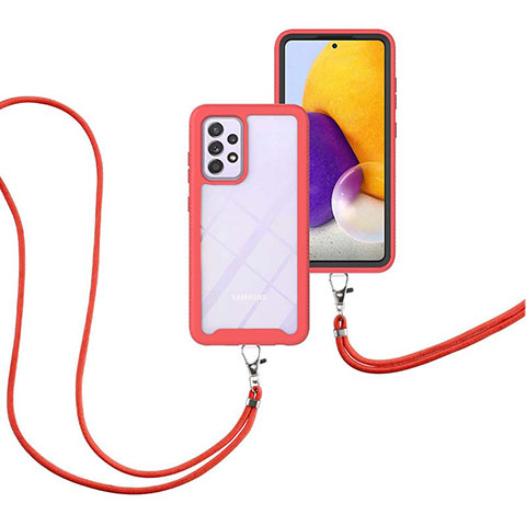 Funda Bumper Silicona y Plastico Carcasa Frontal y Trasera 360 Grados con Acollador Cordon Lanyard para Samsung Galaxy A72 4G Rojo