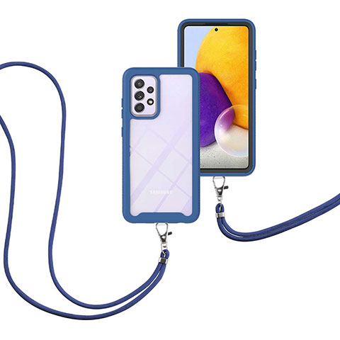 Funda Bumper Silicona y Plastico Carcasa Frontal y Trasera 360 Grados con Acollador Cordon Lanyard para Samsung Galaxy A72 5G Azul