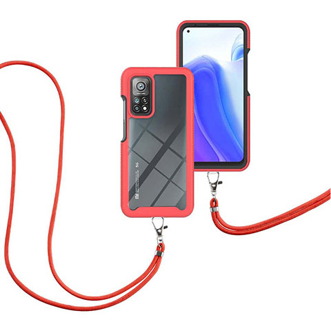 Funda Bumper Silicona y Plastico Carcasa Frontal y Trasera 360 Grados con Acollador Cordon Lanyard para Xiaomi Mi 10T 5G Rojo