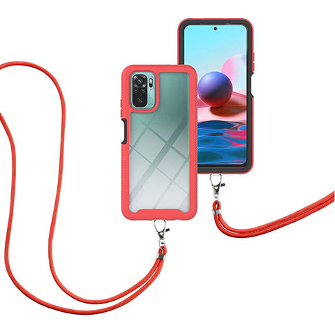 Funda Bumper Silicona y Plastico Carcasa Frontal y Trasera 360 Grados con Acollador Cordon Lanyard para Xiaomi Poco M5S Rojo