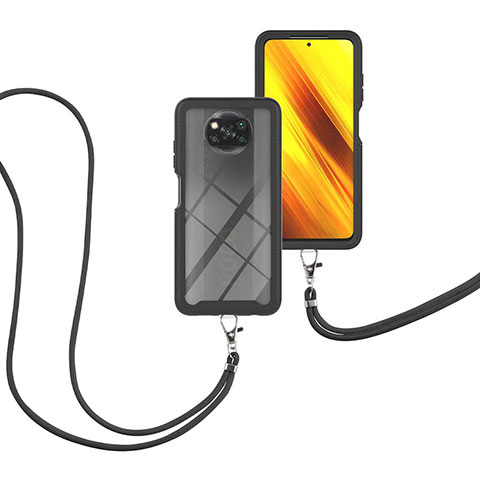 Funda Bumper Silicona y Plastico Carcasa Frontal y Trasera 360 Grados con Acollador Cordon Lanyard para Xiaomi Poco X3 Pro Negro