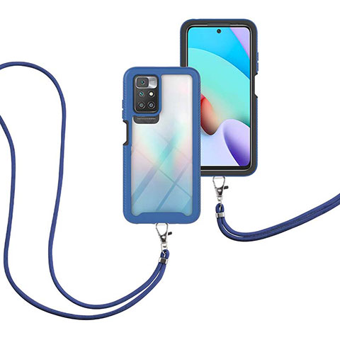 Funda Bumper Silicona y Plastico Carcasa Frontal y Trasera 360 Grados con Acollador Cordon Lanyard para Xiaomi Redmi 10 (2022) Azul