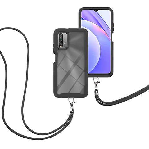 Funda Bumper Silicona y Plastico Carcasa Frontal y Trasera 360 Grados con Acollador Cordon Lanyard para Xiaomi Redmi 9T 4G Negro