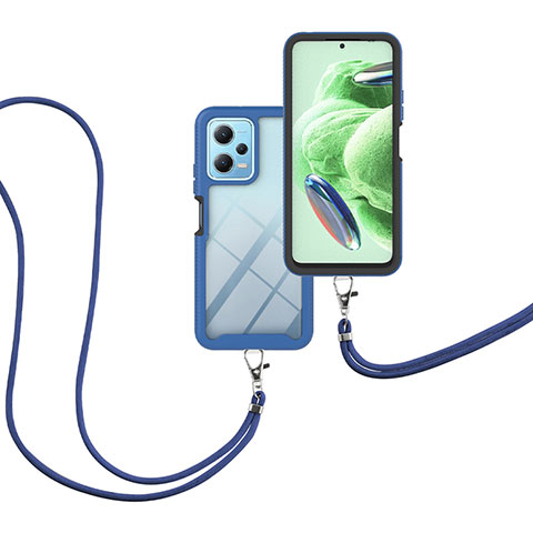 Funda Bumper Silicona y Plastico Carcasa Frontal y Trasera 360 Grados con Acollador Cordon Lanyard para Xiaomi Redmi Note 12 5G Azul