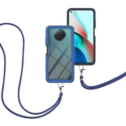 Funda Bumper Silicona y Plastico Carcasa Frontal y Trasera 360 Grados con Acollador Cordon Lanyard para Xiaomi Redmi Note 9 5G Azul