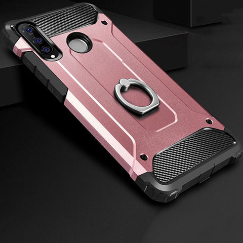 Funda Bumper Silicona y Plastico Mate Carcasa con Anillo de dedo Soporte H01 para Huawei P30 Lite XL Oro Rosa