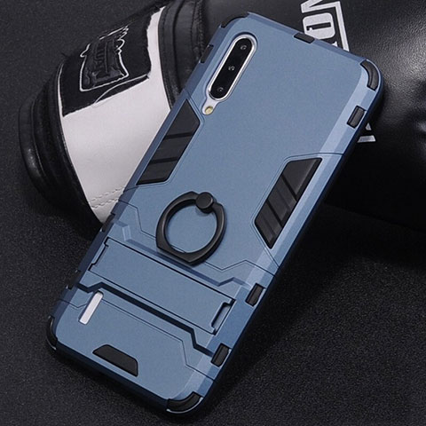 Funda Bumper Silicona y Plastico Mate Carcasa con Anillo de dedo Soporte H01 para Xiaomi Mi A3 Azul