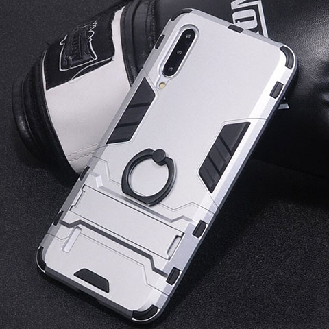 Funda Bumper Silicona y Plastico Mate Carcasa con Anillo de dedo Soporte H01 para Xiaomi Mi A3 Plata