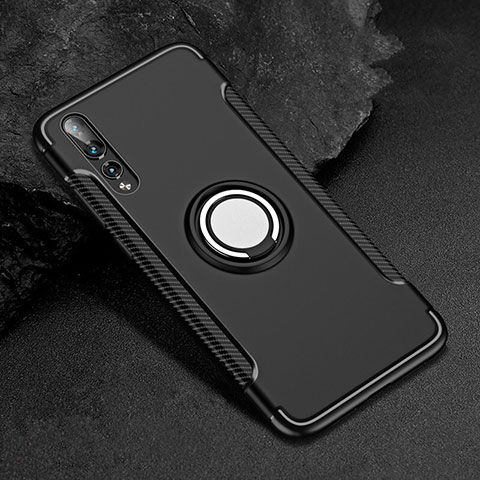 Funda Bumper Silicona y Plastico Mate Carcasa con Anillo de dedo Soporte para Huawei P20 Pro Negro