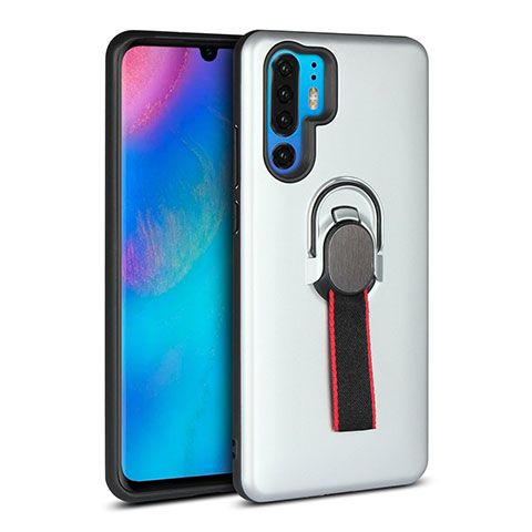 Funda Bumper Silicona y Plastico Mate Carcasa con Anillo de dedo Soporte para Huawei P30 Pro Plata