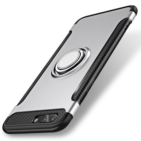 Funda Bumper Silicona y Plastico Mate Carcasa con Anillo de dedo Soporte S01 para Apple iPhone 8 Plus Plata