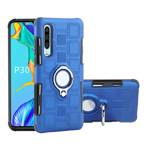 Funda Bumper Silicona y Plastico Mate Carcasa con Anillo de dedo Soporte S01 para Huawei P30 Azul