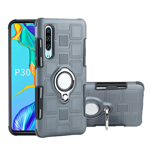 Funda Bumper Silicona y Plastico Mate Carcasa con Anillo de dedo Soporte S01 para Huawei P30 Gris