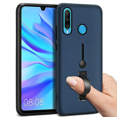 Funda Bumper Silicona y Plastico Mate Carcasa con Anillo de dedo Soporte S04 para Huawei Nova 4e Azul