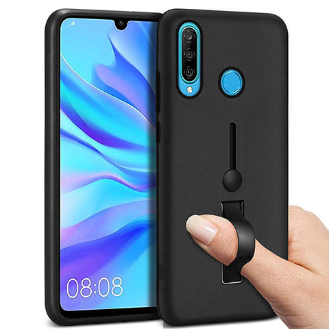 Funda Bumper Silicona y Plastico Mate Carcasa con Anillo de dedo Soporte S04 para Huawei Nova 4e Negro