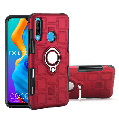 Funda Bumper Silicona y Plastico Mate Carcasa con Magnetico Anillo de dedo Soporte A01 para Huawei Nova 4e Rojo