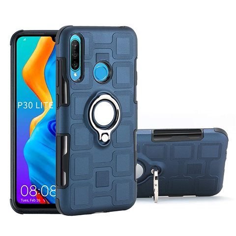 Funda Bumper Silicona y Plastico Mate Carcasa con Magnetico Anillo de dedo Soporte A01 para Huawei P30 Lite Azul