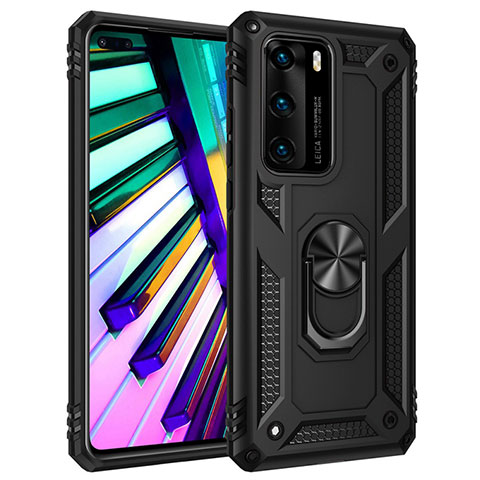 Funda Bumper Silicona y Plastico Mate Carcasa con Magnetico Anillo de dedo Soporte C01 para Huawei P40 Negro